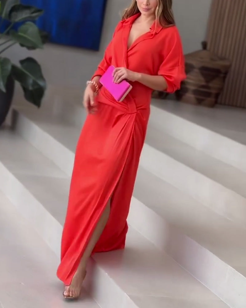 Lapel solid color slit elegant dress 202466 casual dresses spring summer