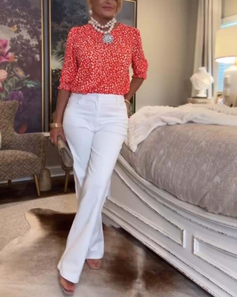 Printed Polka Dot Round Neck Short Sleeve Blouse