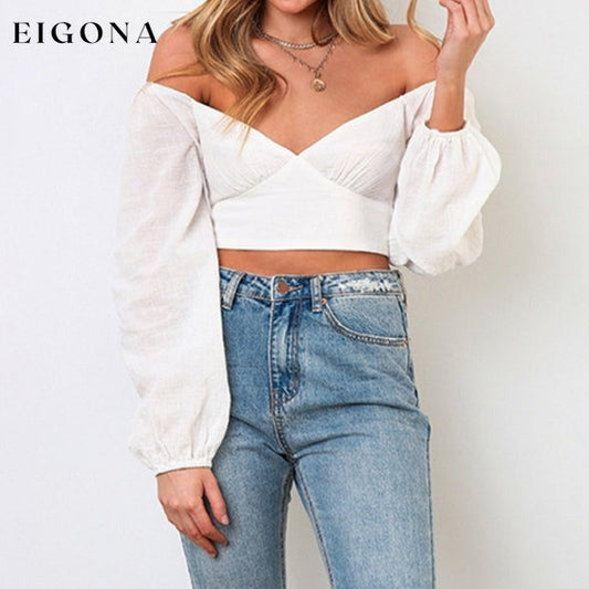 Women's navel long -sleeved strap tied V -neck short tube Crop top White clothes crop top crop tops cropped cropped top croptop long sleeve shirt long sleeve shirts long sleeve top long sleeve tops shirt shirts top tops