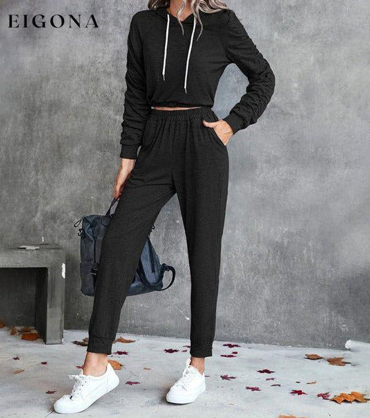 New solid color casual pleated hooded long-sleeved suit Black Activewear sets clothes