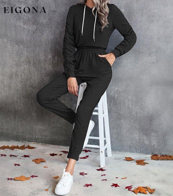 New solid color casual pleated hooded long-sleeved suit Activewear sets clothes