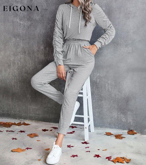 New solid color casual pleated hooded long-sleeved suit Activewear sets clothes