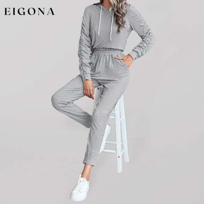 New solid color casual pleated hooded long-sleeved suit Grey Activewear sets clothes