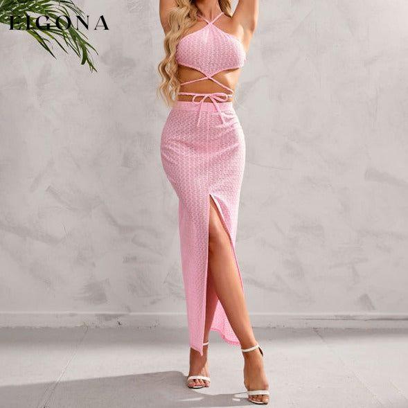 Women's Solid Color Halter Neckline Wrap Around The Top And Midi Slit Skirt Set clothes sets