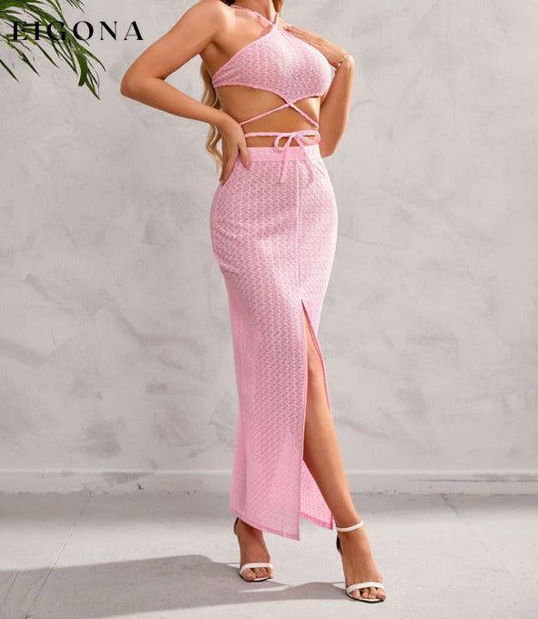 Women's Solid Color Halter Neckline Wrap Around The Top And Midi Slit Skirt Set clothes sets