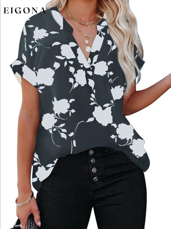 Women's New Floral Print Casual V-Neck Short Sleeve Shirt Black clothes shirt shirts short sleeve short sleeve shirt top tops