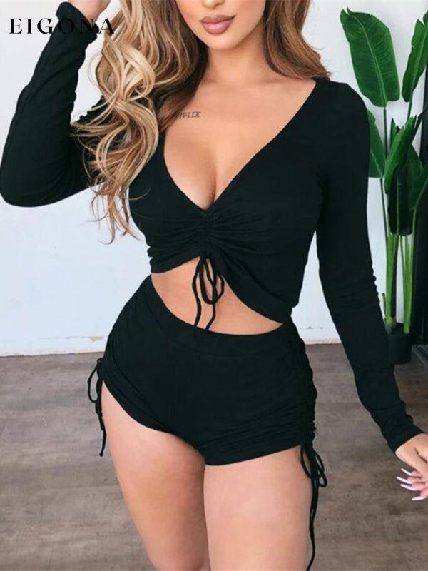 Women's Solid Color Ruched Crop Top And Shorts Set Black clothes lounge wear sets