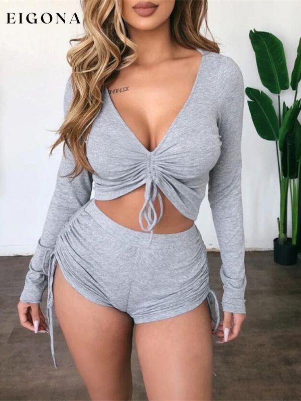 Women's Solid Color Ruched Crop Top And Shorts Set clothes lounge wear sets