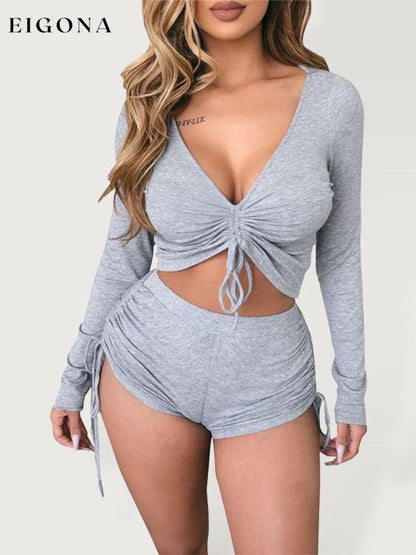 Women's Solid Color Ruched Crop Top And Shorts Set Grey clothes lounge wear sets