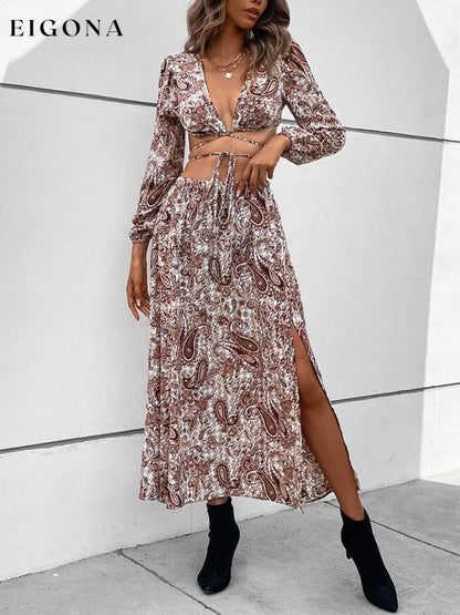 Women's Woven Paisley Vacation Sexy Long Dress Two-Piece Set clothes crop top sets