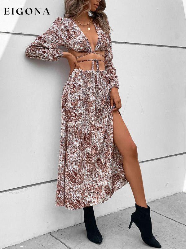 Women's Woven Paisley Vacation Sexy Long Dress Two-Piece Set clothes crop top sets