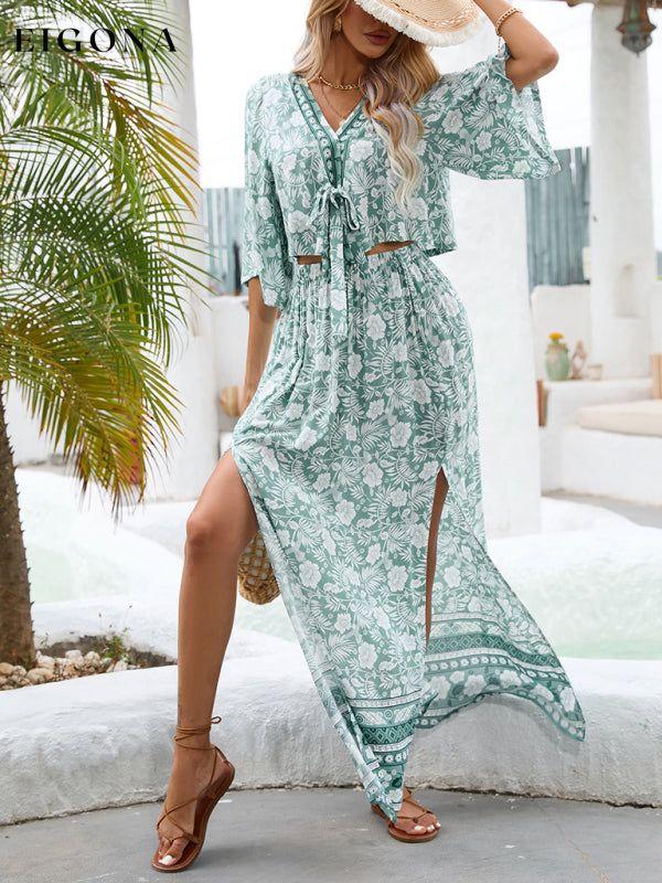Bohemian vacation beach suit skirt sexy V-neck top + skirt clothes sets
