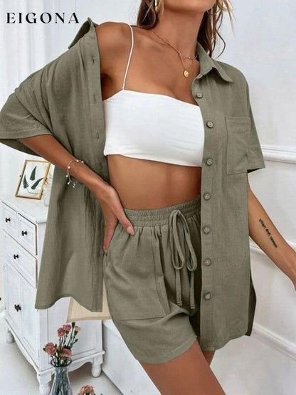 Loose-fit short-sleeve single-breasted shorts Two-piece solid-color shirt set Olive green 2 piece clothes sets short set