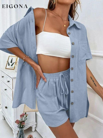 Loose-fit short-sleeve single-breasted shorts Two-piece solid-color shirt set Blue 2 piece clothes sets short set