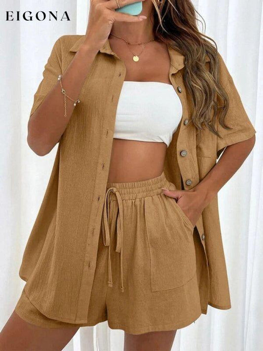 Loose-fit short-sleeve single-breasted shorts Two-piece solid-color shirt set Brown 2 piece clothes sets short set