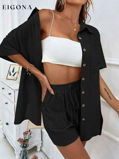 Loose-fit short-sleeve single-breasted shorts Two-piece solid-color shirt set Black 2 piece clothes sets short set