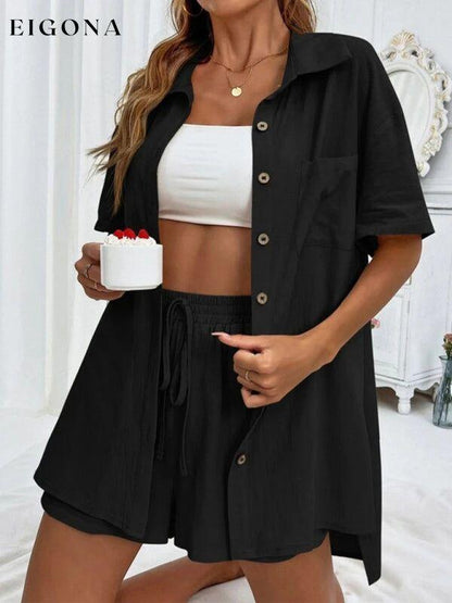 Loose-fit short-sleeve single-breasted shorts Two-piece solid-color shirt set 2 piece clothes sets short set