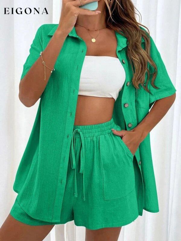 Loose-fit short-sleeve single-breasted shorts Two-piece solid-color shirt set 2 piece clothes sets short set