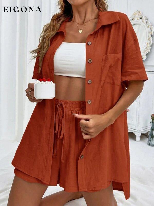 Loose-fit short-sleeve single-breasted shorts Two-piece solid-color shirt set Orange 2 piece clothes sets short set