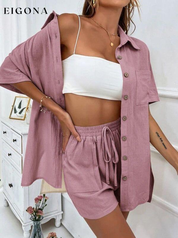 Loose-fit short-sleeve single-breasted shorts Two-piece solid-color shirt set Pink 2 piece clothes sets short set