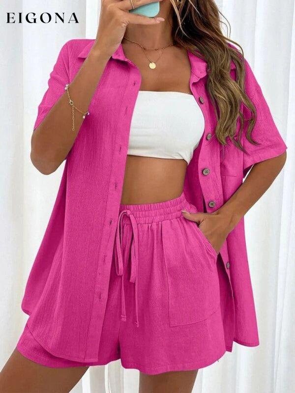 Loose-fit short-sleeve single-breasted shorts Two-piece solid-color shirt set Rose 2 piece clothes sets short set