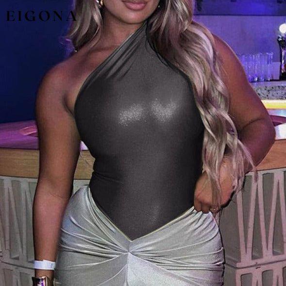 Sexy slim sleeveless all-match jumpsuit/bodysuit latex style metallic one shoulder top for women bodysuit bodysuits clothes shirt shirts top tops