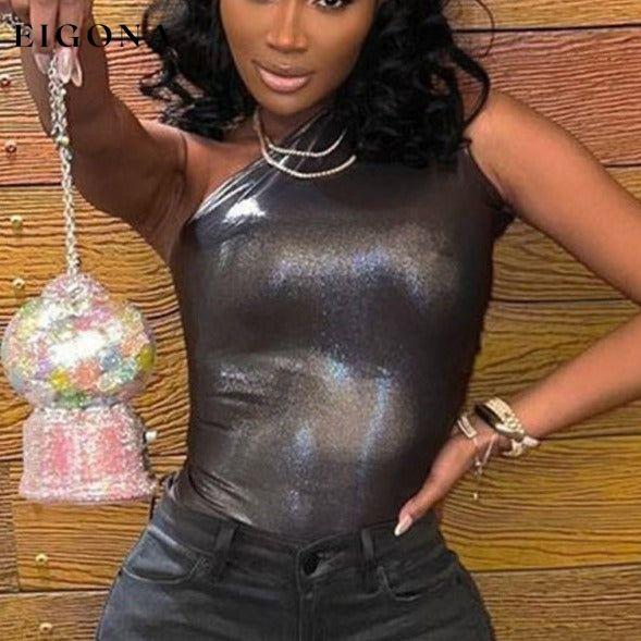 Sexy slim sleeveless all-match jumpsuit/bodysuit latex style metallic one shoulder top for women bodysuit bodysuits clothes shirt shirts top tops