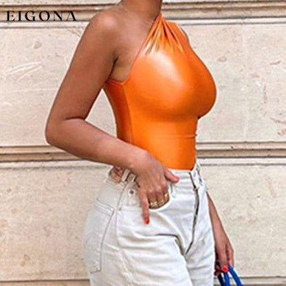 Sexy slim sleeveless all-match jumpsuit/bodysuit latex style metallic one shoulder top for women bodysuit bodysuits clothes shirt shirts top tops