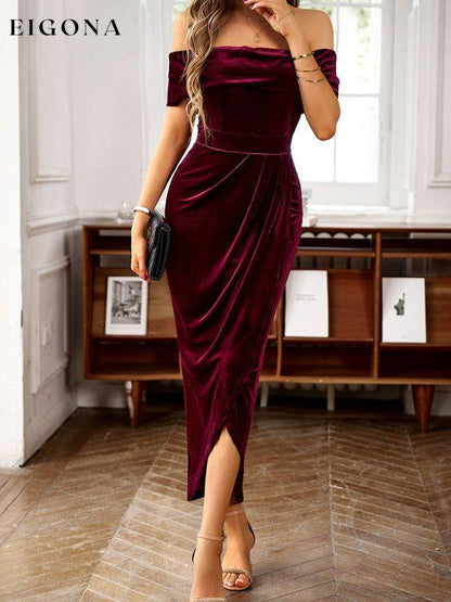 Women's elegant velvet one-shoulder party dress Wine Red clothes dress dresses evening dress evening dresses formal dress formal dresses midi dress