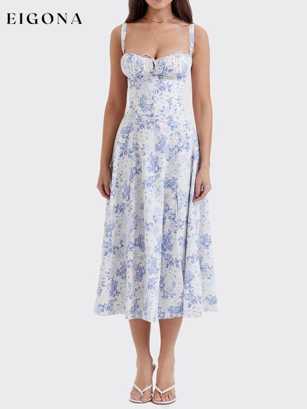 New print strap waist suspender slit dress Clear blue Clothes dress dresses