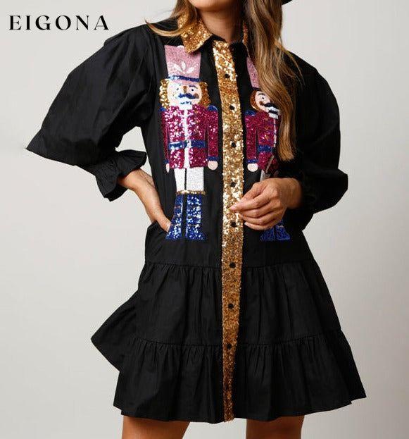 Contrast color long sleeve lapel Christmas sequin dress Black clothes