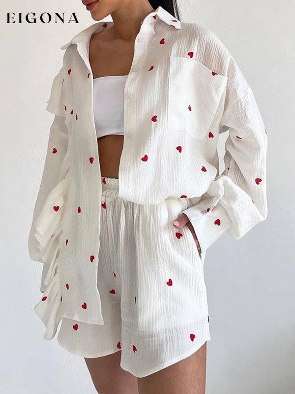 Ruffled love printed shirt wide leg shorts casual suit set Red Clothes sets