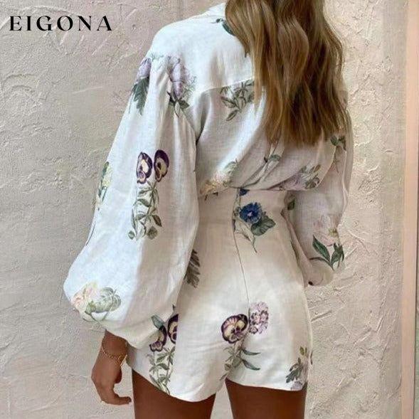 New style fresh floral ladylike temperament commuter long-sleeved shirt top high-waisted shorts suit clothes pants set set sets short set