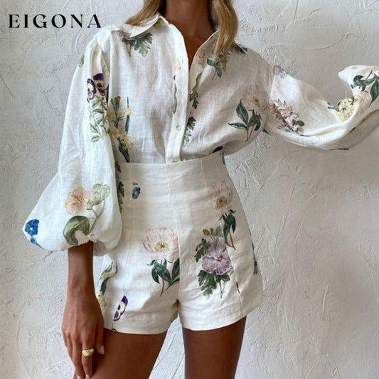 New style fresh floral ladylike temperament commuter long-sleeved shirt top high-waisted shorts suit White clothes pants set set sets short set