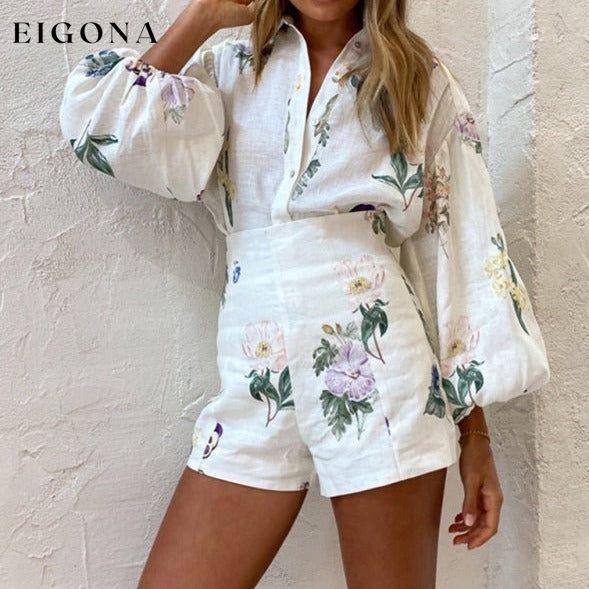 New style fresh floral ladylike temperament commuter long-sleeved shirt top high-waisted shorts suit clothes pants set set sets short set