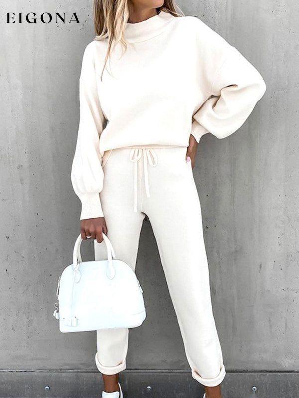 New high collar casual solid color sweatshirt and trousers two-piece set Cream clothes lounge lounge wear lounge wear sets loungewear loungewear sets
