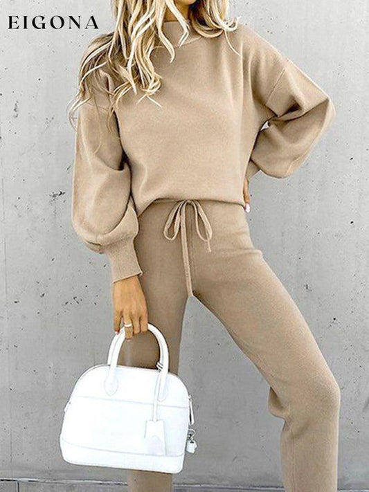 New high collar casual solid color sweatshirt and trousers two-piece set Khaki clothes lounge lounge wear lounge wear sets loungewear loungewear sets