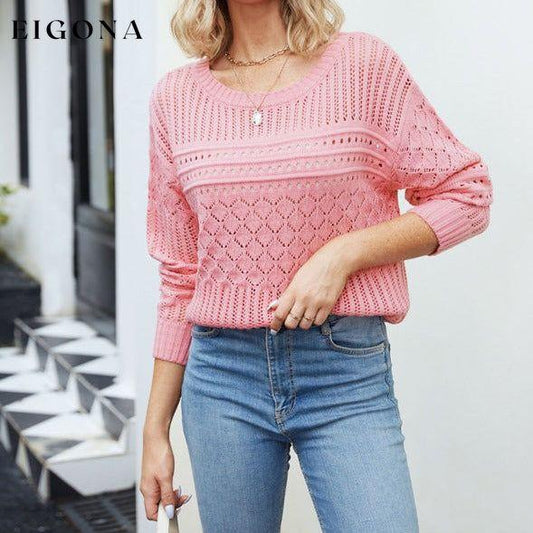 Women's round neck hollow diamond pullover sweater Red clothes long sleeve shirts long sleeve top long sleeve tops sweaters tops Tops/Blouses