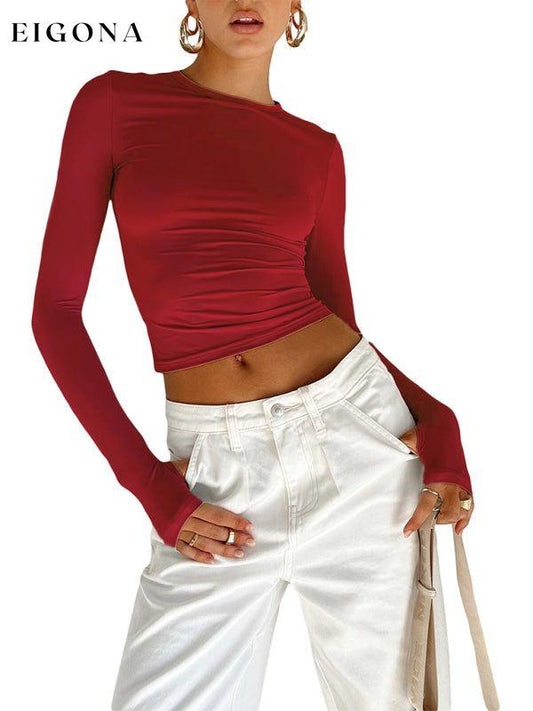 Women's solid color bottoming round neck T-shirt hot girl slimming long-sleeved top T-shirt Red clothes long sleeve long sleeve shirt long sleeve shirts long sleeve top long sleeve tops shirts tops Tops/Blouses
