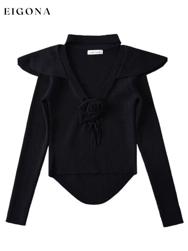 Women's new style French rose large lapel scarf knitted Crop cardigan Black cardigan cardigans clothes crop top crop tops cropped top croptop long sleeve top long sleeve tops top tops