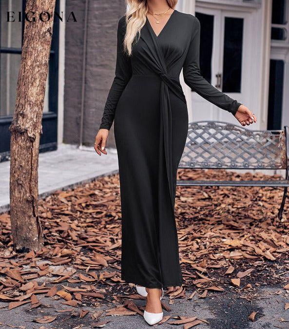 V-neck solid color twist waist long-sleeved dress Black casual dresses clothes dress dresses long sleeve dress long sleeve dresses maxi dress