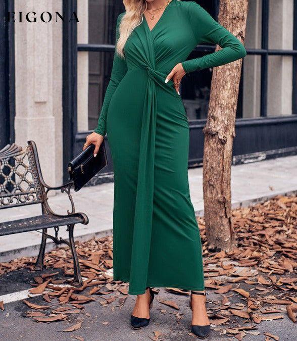 V-neck solid color twist waist long-sleeved dress Green casual dresses clothes dress dresses long sleeve dress long sleeve dresses maxi dress