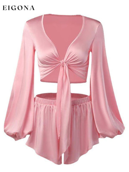 New lantern sleeve V-neck top, vacation style sexy navel-baring strappy shorts set Pink clothes crop top crop tops cropped top croptop sets
