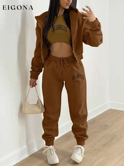 New letter printed hooded sports and leisure suit (three-piece set) Brown clothes lounge wear set sets