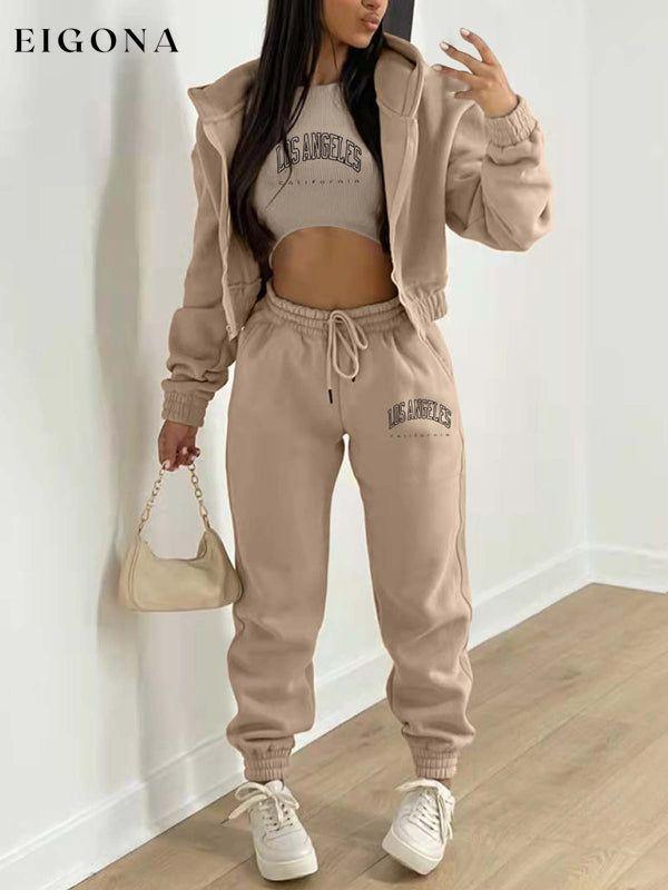 New letter printed hooded sports and leisure suit (three-piece set) Khaki clothes lounge wear set sets