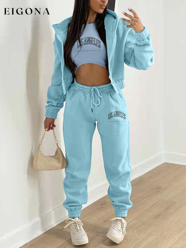 New letter printed hooded sports and leisure suit (three-piece set) Acid blue clothes lounge wear set sets