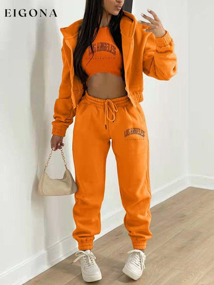 New letter printed hooded sports and leisure suit (three-piece set) Orange clothes lounge wear set sets