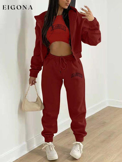 New letter printed hooded sports and leisure suit (three-piece set) Wine Red clothes lounge wear set sets