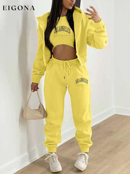 New letter printed hooded sports and leisure suit (three-piece set) Yellow clothes lounge wear set sets