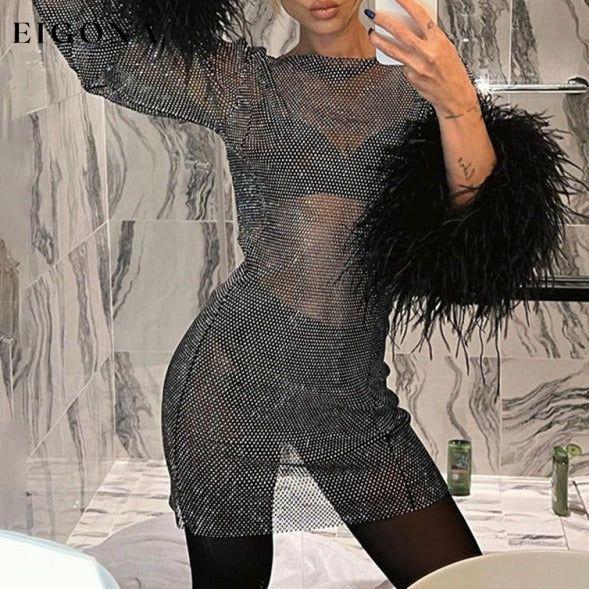 Women's Sexy See-through Hollow Furry Splicing Long Sleeve Round Neck Fine Glitter Mesh Dress, Furry Long Sleeve Black clothes dress dresses evening dress evening dresses long sleeve tops short dresses tops Tops/Blouses